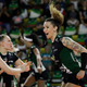 Volleyball player Tiffany Abreu, right, celebrates with teammates during a Brazilian volleyball league match in Bauru, Brazil. Abreu became the first transgender player in the top women’s volleyball league in 2017.